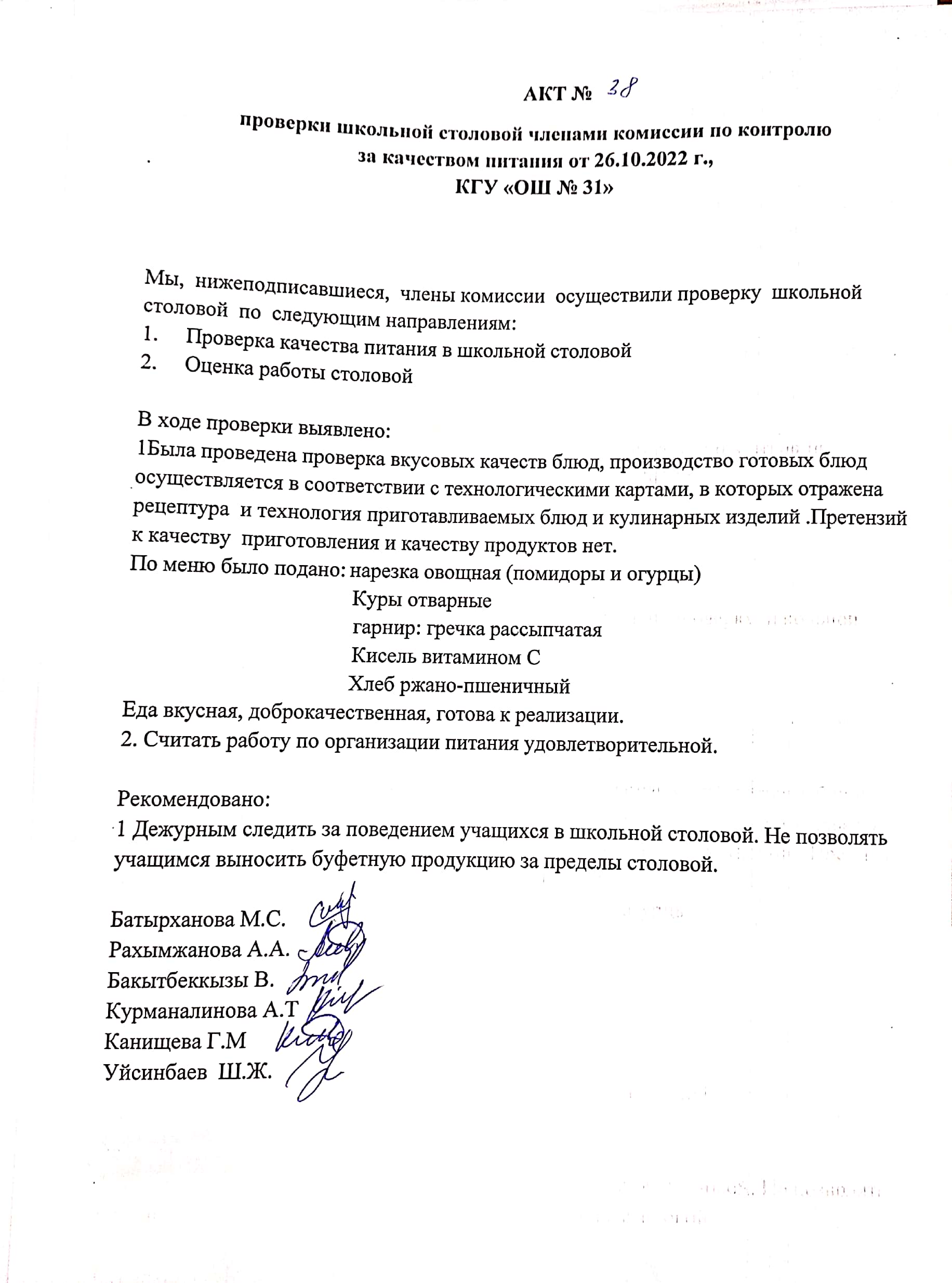 Бақылау комиссиясы мүшелерінің мектеп асханасын тексеру актісі. Акт проверки школьной столовой членами комисии по контролю за качеством питания от 26.10.2022 г