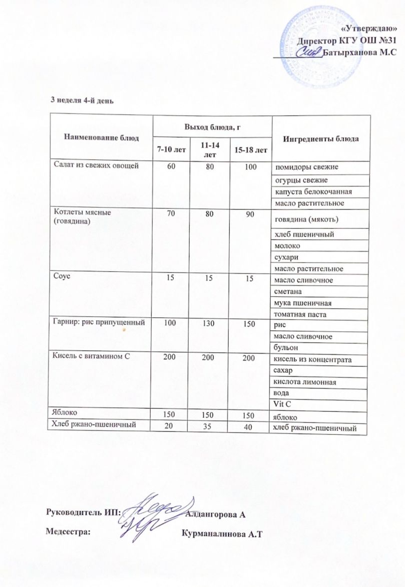 Ас мәзірі 3 апта 4 күн. Меню 3 неделя 4 день.