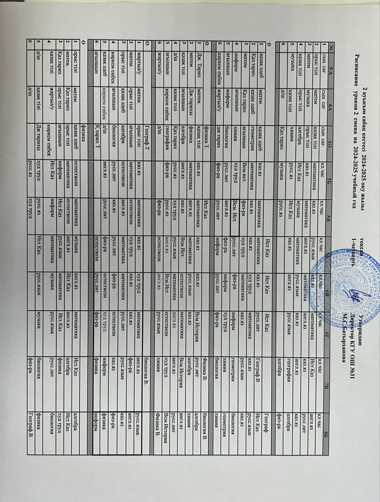 5-11 сыныптар сабақ кестесі 2024-2025 оқу жылы/ Расписание уроков на 2024-2025 учебный год