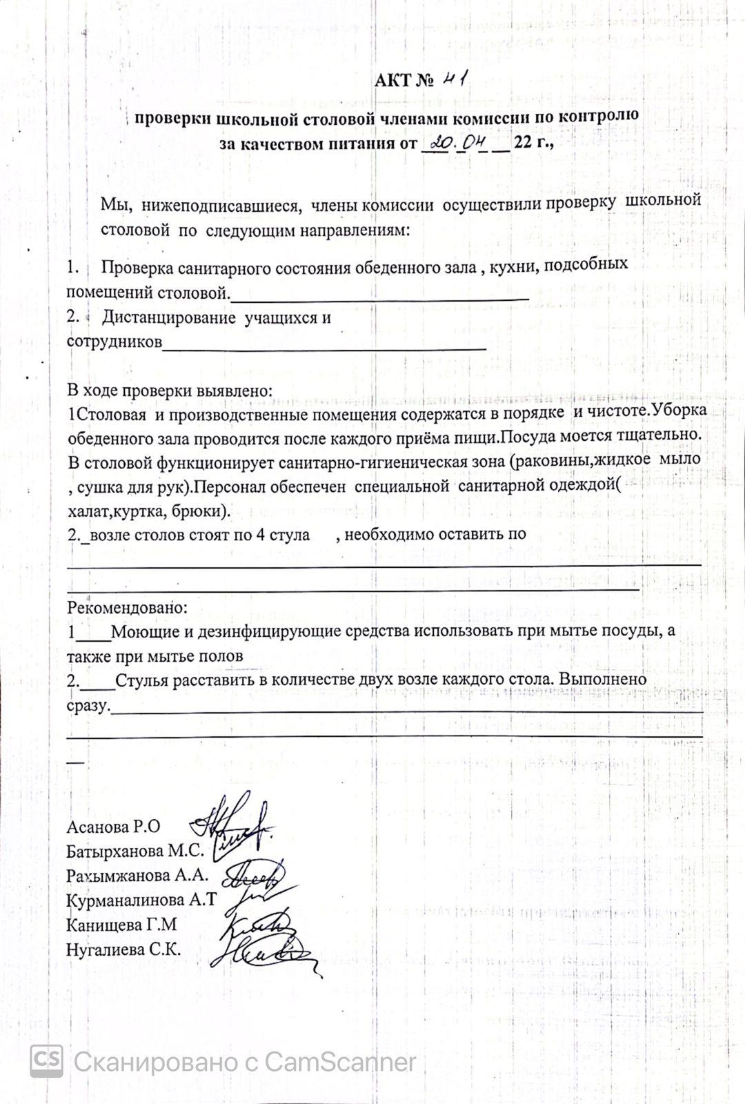 АКТ проверки школьной столовой членами комиссии по контролю за качеством питания от 20.04.2022 г.