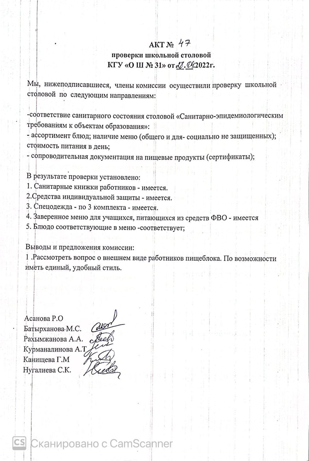 АКТ проверки школьной столовой членами комиссии по контролю за качеством питания от 28.04.2022 г.
