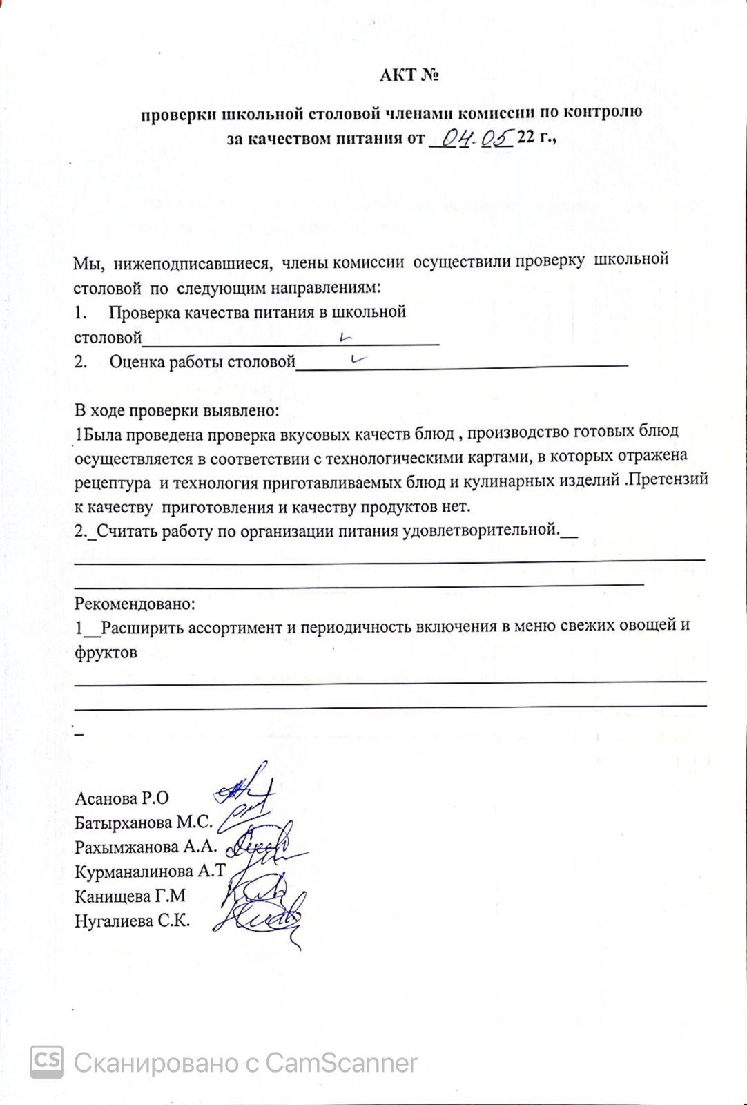 АКТ проверки школьной столовой членами комиссии по контролю за качеством питания от 04.05.2022 г.