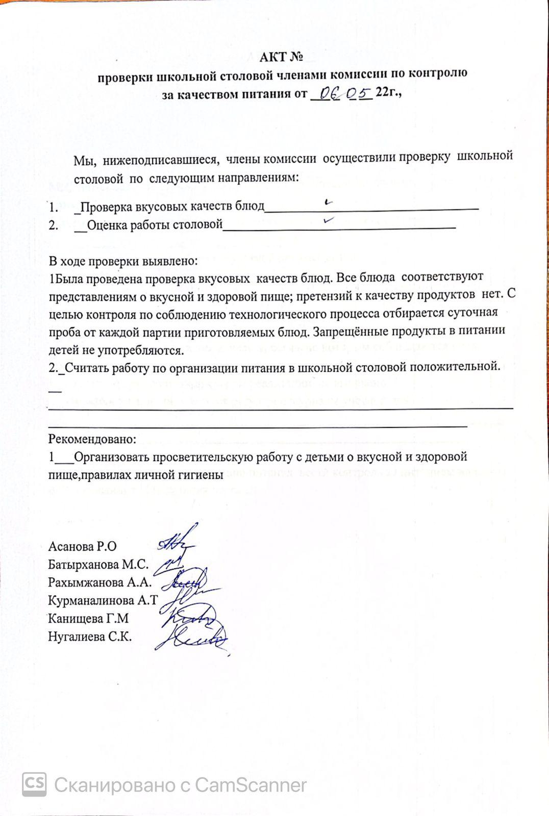 АКТ проверки школьной столовой членами комиссии по контролю за качеством питания от 06.05.2022 г.