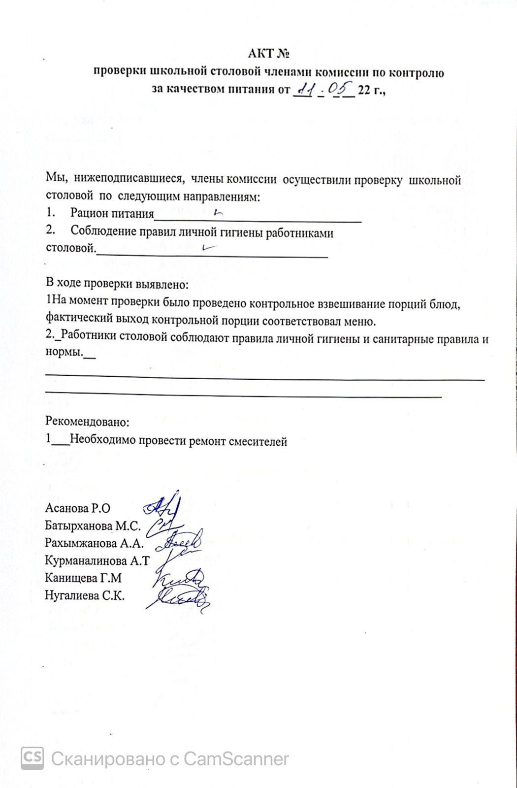 АКТ проверки школьной столовой членами комиссии по контролю за качеством питания от 11.05.2022 г.