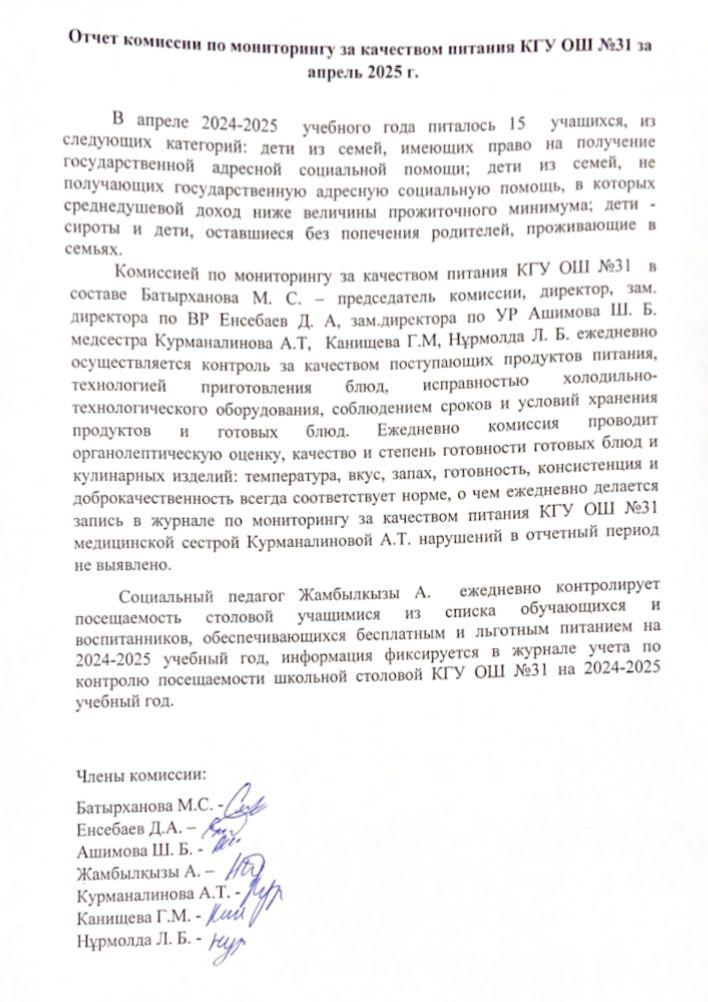 2024 жылғы сәуір айының №31 ЖББ КММ тамақтану сапасын бақылау комиссиясының есебі. Отчет комисии по мониторингу за качеством питания