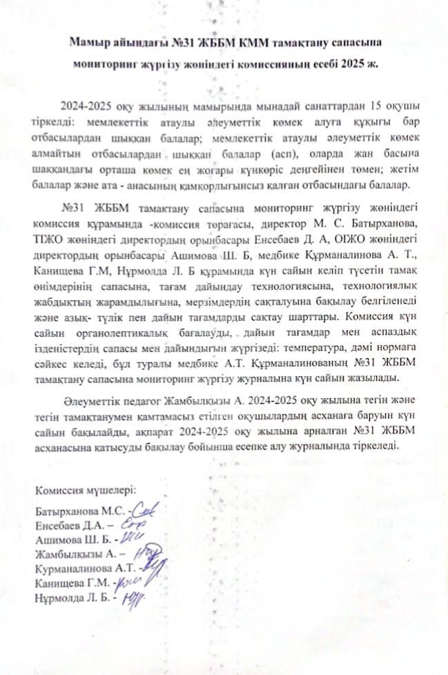 2024 жылғы мамыр айының №31 ЖББ КММ тамақтану сапасын бақылау комиссиясының есебі. Отчет комисии по мониторингу за качеством питания