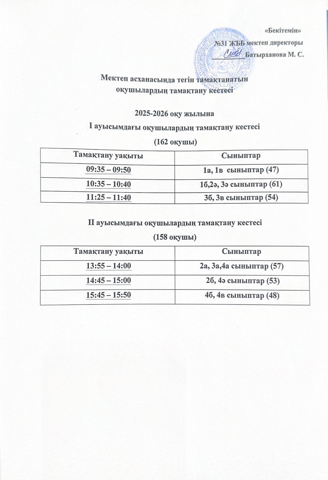 Оқушылардың тамақтану кестесі. / График питания учащихся.