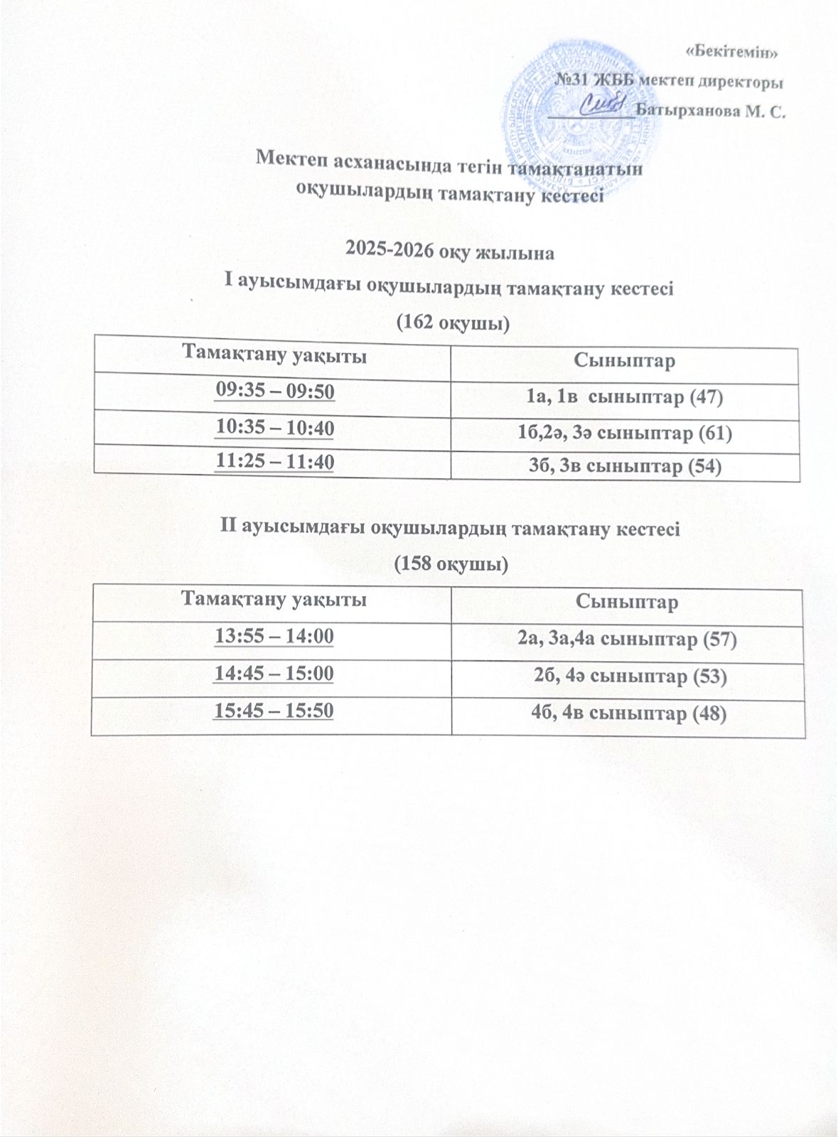 Оқушылардың тамақтану кестесі. / График питания учащихся 2025-2026