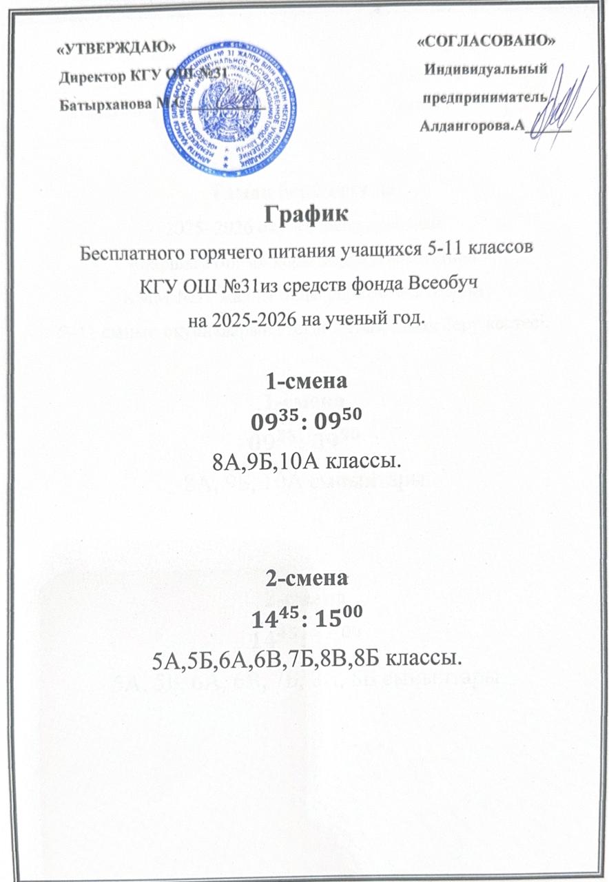 График бесплатного гоячего питания учащихся 5-11 классов