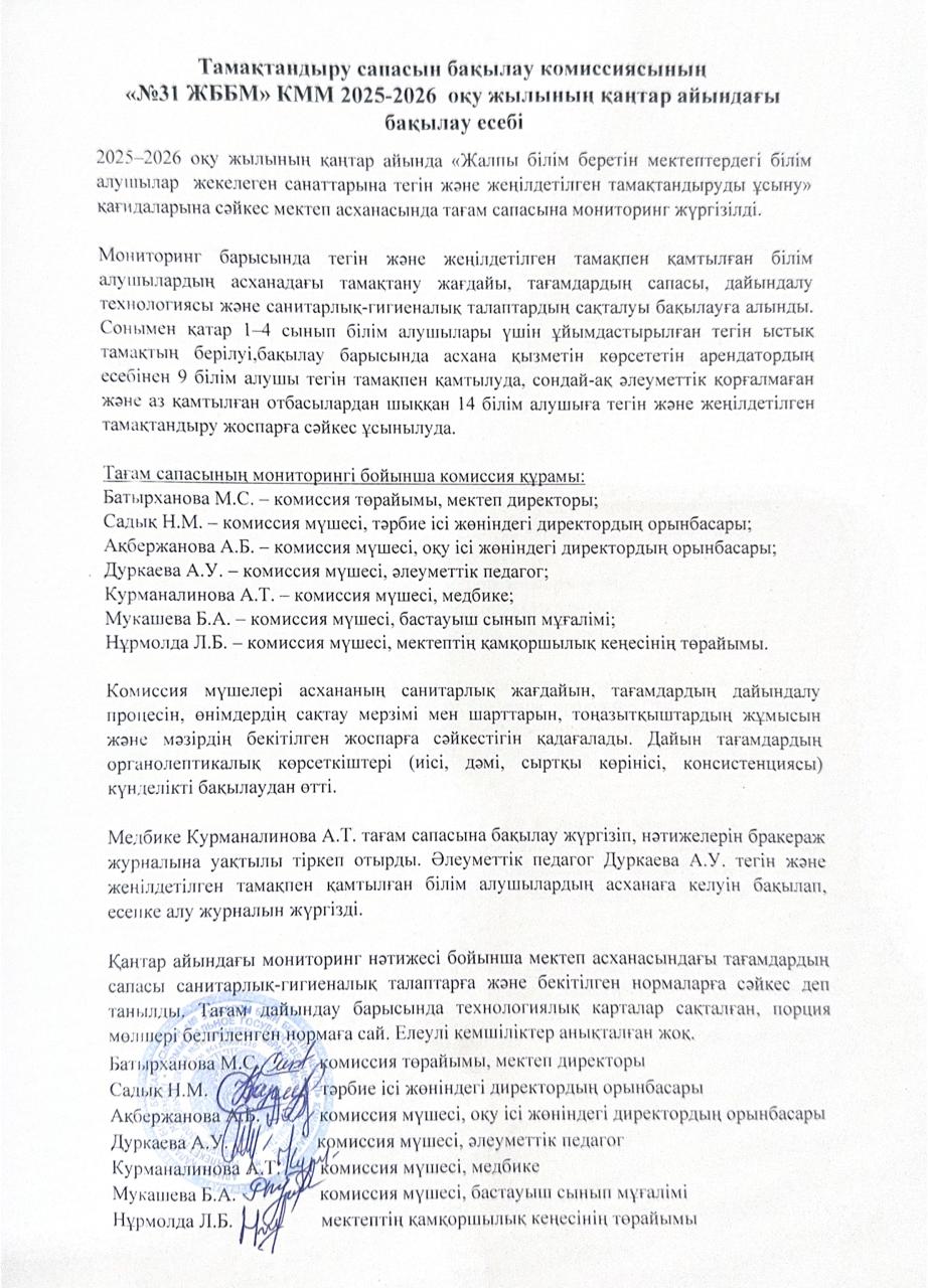 2026 жылғы қаңтар айының №31 ЖББМ КММ тамақтану сапасын бақылау комиссиясының есебі.