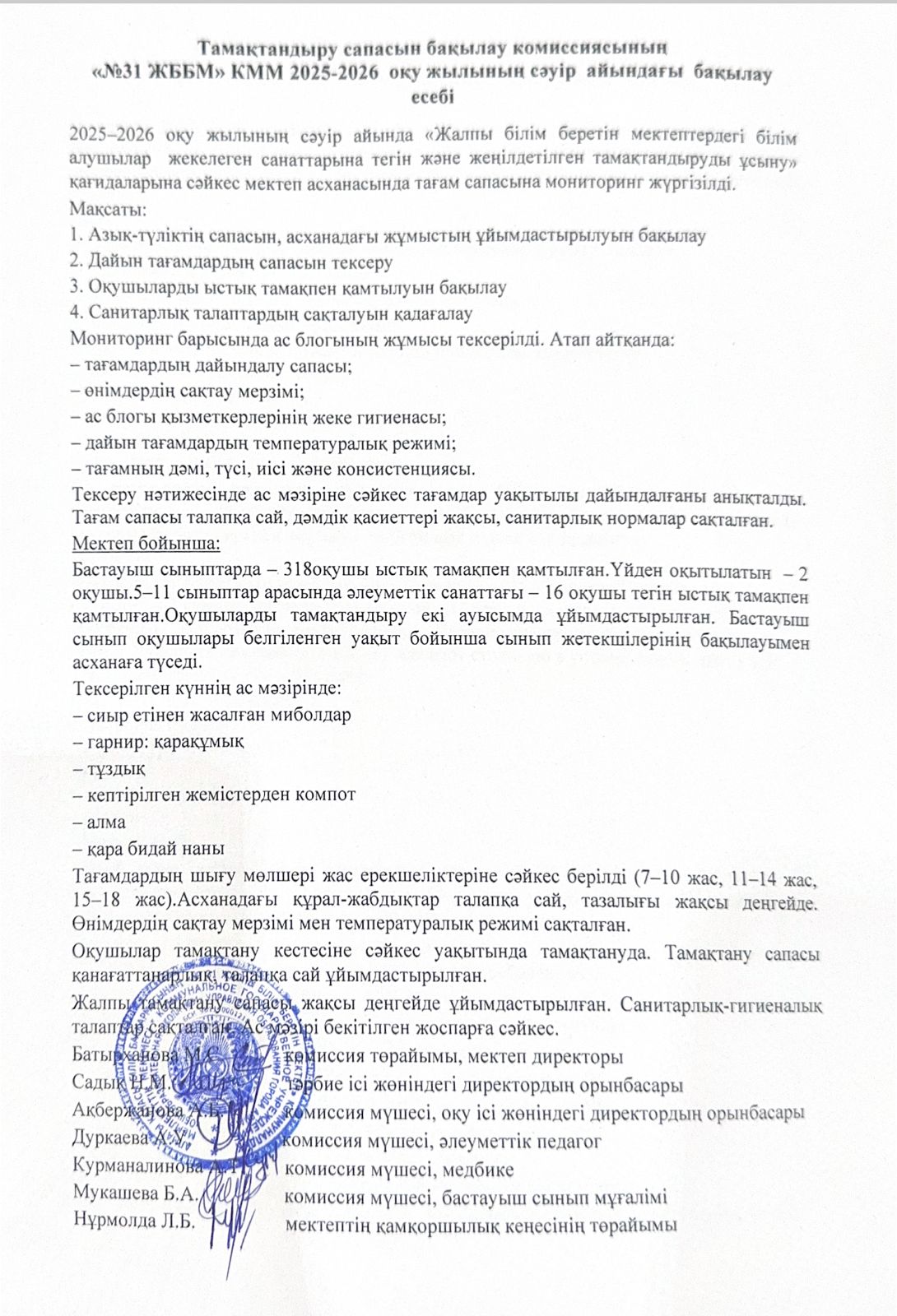 2026 жылғы сәуір айының №31 ЖББМ КММ тамапасын бақылау комиссиясының есебі.