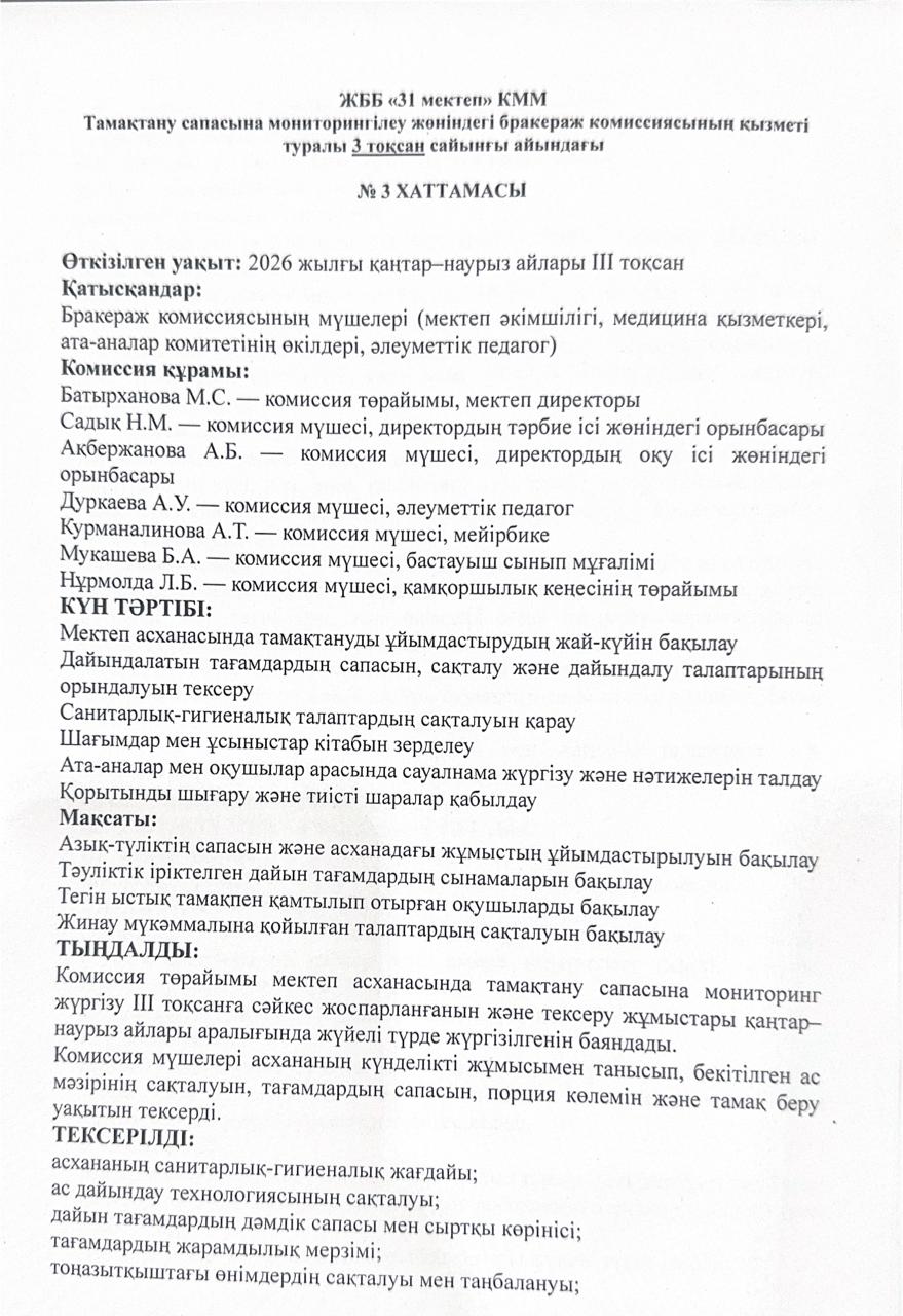 Тамақтану сапасына мониторингілеу жөніндегі бракераж комиссиясының қызметі туралы 3-тоқсан хаттамасы